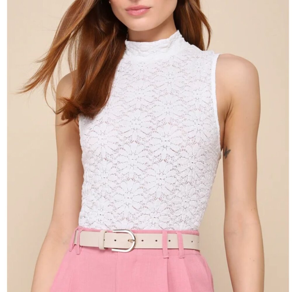 Lulus Flawless Instinct Ivory Textured Lace Mock Neck Top White - Size XS